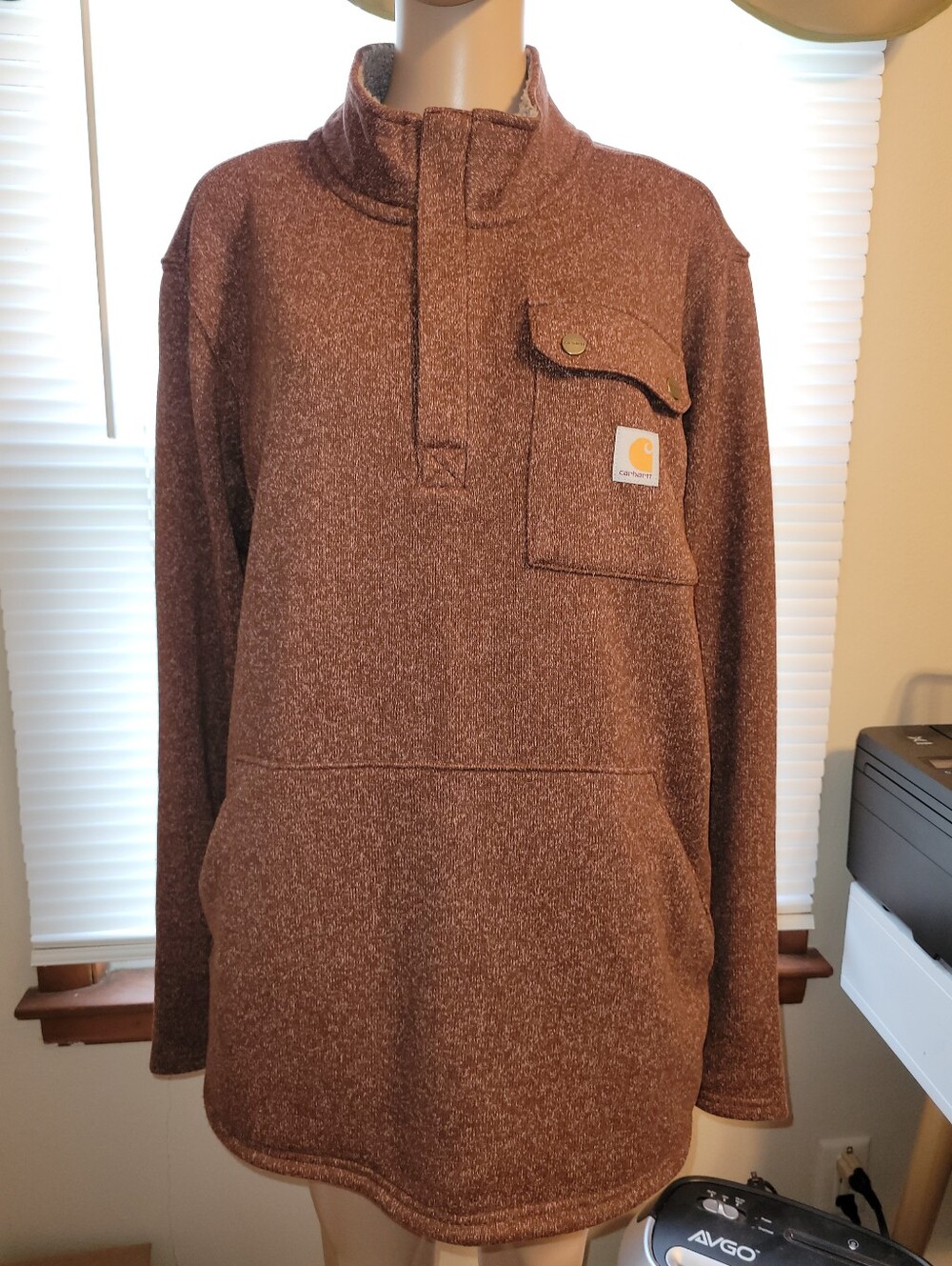 Carhartt Men's Brown Heather 1/4 Zip-Front Pullover Fleece Sweater.